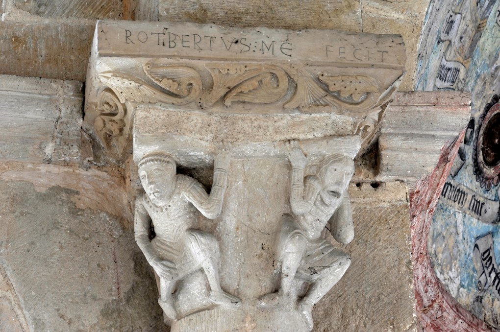 Saint-Révérien - Eglise Saint-Révérien - Chapiteau de Rotbertus dans le déambulatoire : les Atlantes (XIIe siècle)