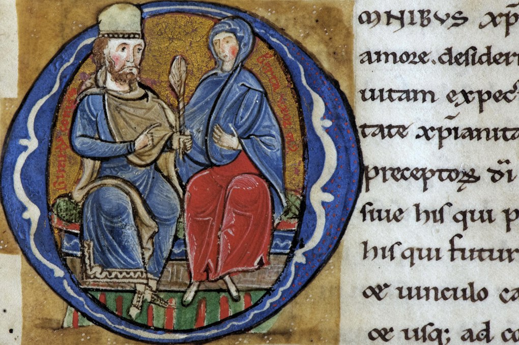 Vézelay - Bibliothèque municipale d'Auxerre, f. 22r (miniature, v. 1170) : le comte Girart et sa femme Berthe, fondateur du monastère de Vézelay (autorisation Bibliothèque municipale d'Auxerre)