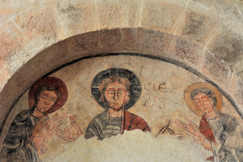 Gourdon - Eglise Notre-Dame-de-l'Assomption (XIIe siècle) - Fresque : le Christ et les pèlerins d'Emmaüs