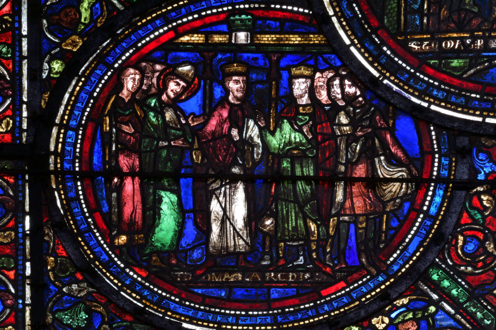 Sens - Cathédrale Saint-Etienne (XIIe-XVIe s.) - vitrail du déambulatoire (v. 1200/1210) : Thomas Becket se réconcilie avec le roi d'Angleterre Henri par l'entremise du roi de France Louis VII